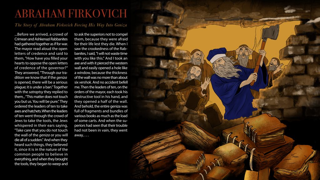 Illustration of Abraham Firkovich forcing his way into the Geniza