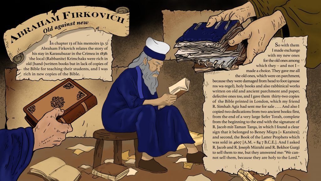 Illustration of Abraham Firkovich trading old manuscripts for new books