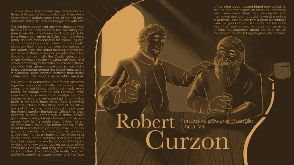 Illustration of Robert Curzon making the blind abbot of the monastery drunk so he would allow him to search for manuscripts in the oil cellar