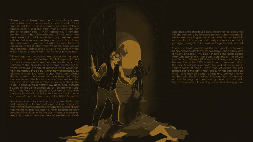 Illustration of Robert Curzon searching the dark oil cellar for manuscripts with the abbot and his monks