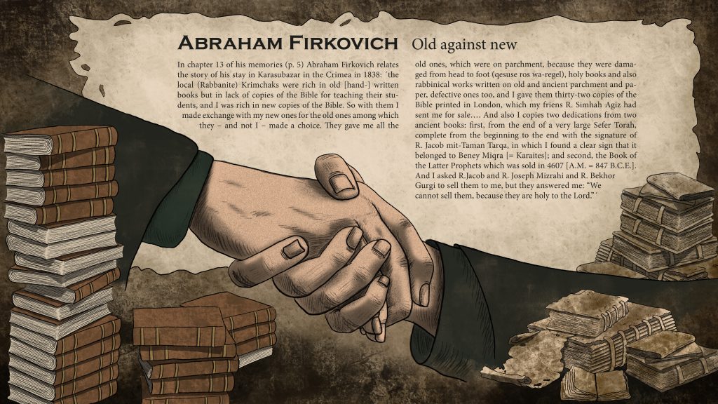 Illustration of Abraham Firkovich trading old manuscripts for new books