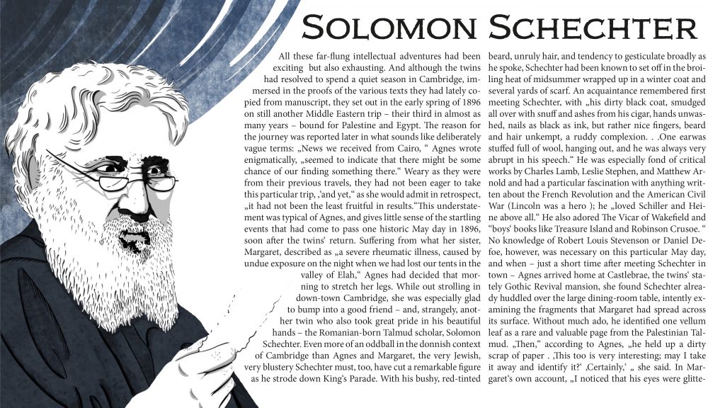 Illustration of Solomon Schechter identifying the Hebrew Ecclesiasticus given to him by Margaret Dunlop Gibson and Agnes Lewis-Smith