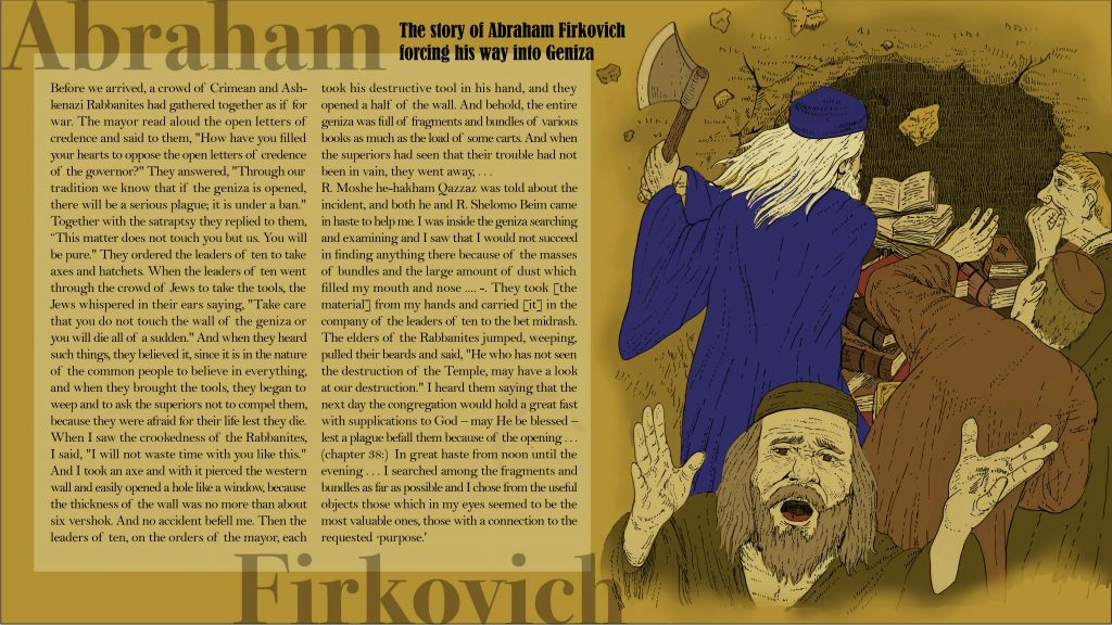 Illustration of Abraham Firkovich forcing his way into the Geniza