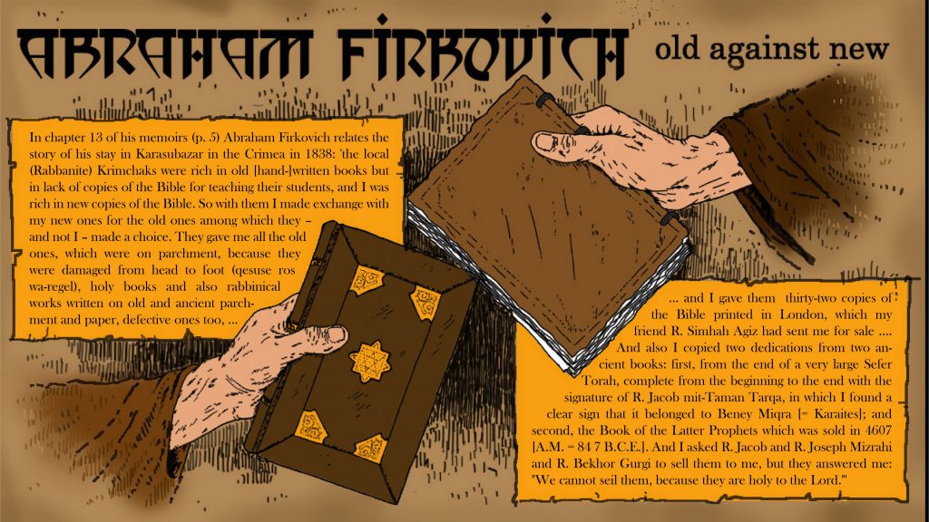 Illustration of Abraham Firkovich trading old manuscripts for new books