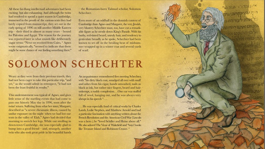 Illustration of Solomon Schechter identifying the Hebrew Ecclesiasticus given to him by Margaret Dunlop Gibson and Agnes Lewis-Smith