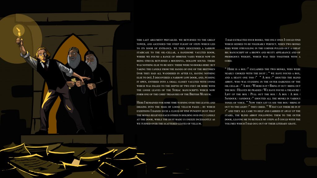 Illustration of Robert Curzon searching the dark oil cellar for manuscripts with the abbot and his monks