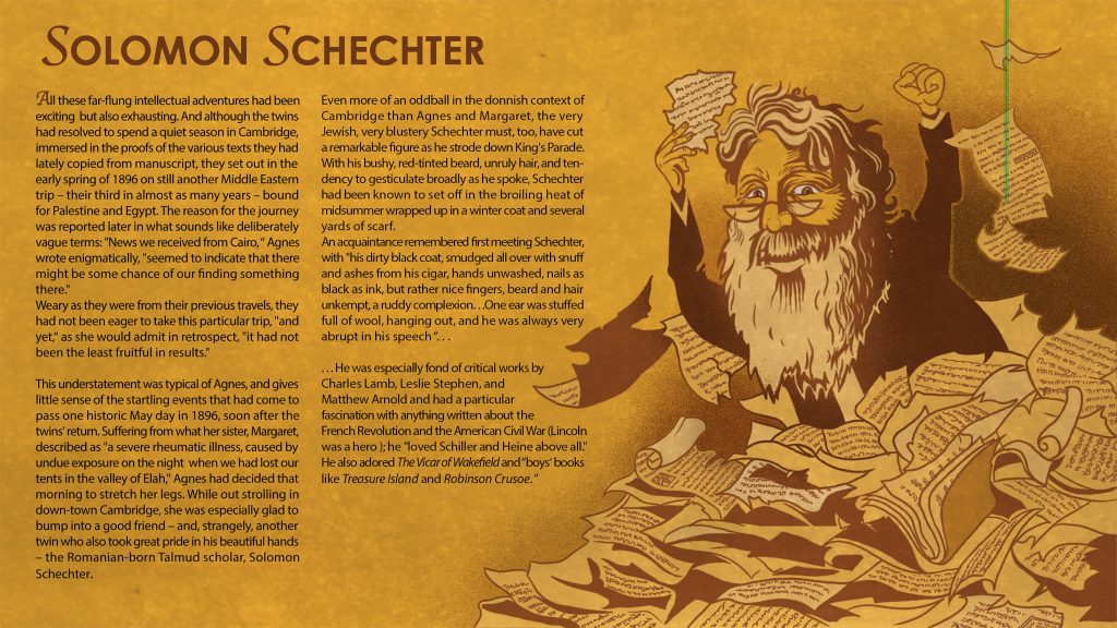 Illustration of Solomon Schechter identifying the Hebrew Ecclesiasticus given to him by Margaret Dunlop Gibson and Agnes Lewis-Smith