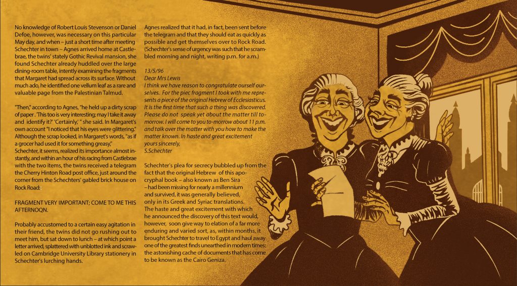 Illustration of Margaret Dunlop Gibson and Agnes Smith-Lewis reading Solomon Schechter's letter