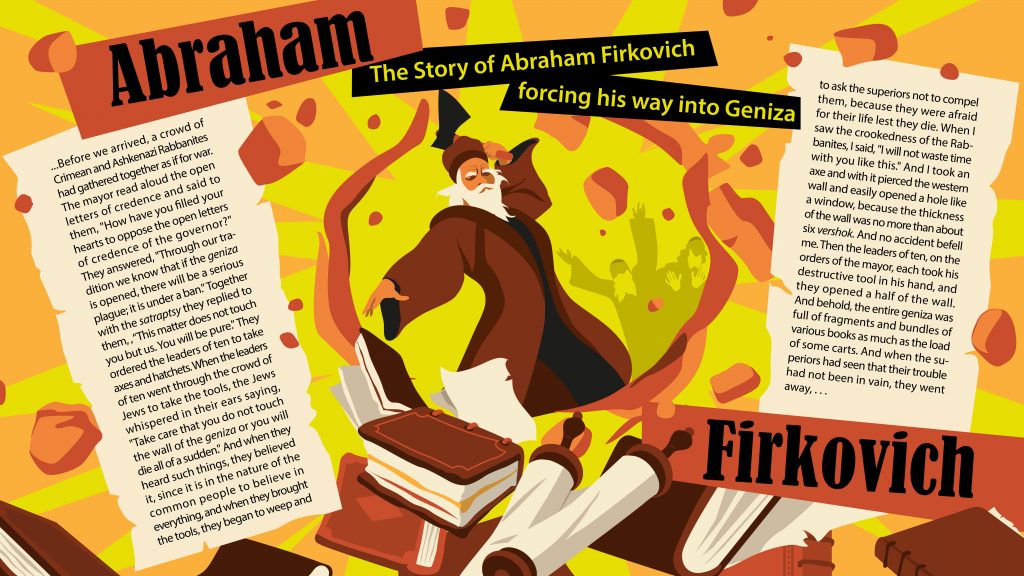 Illustration of Abraham Firkovich forcing his way into the Geniza