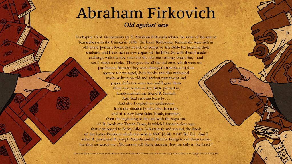 Illustration of Abraham Firkovich trading old manuscripts for new books