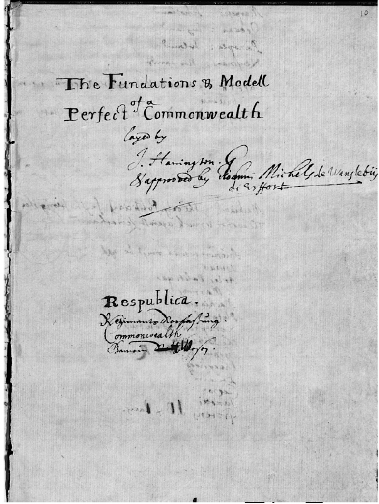 Title page of Vansleb’s ’The Fundations & Modell of a Perfect Commonwealth’, published 1665, a work on James Harrington’s ’The Commonwealth of Oceana’, published 1656. Source: ’Wansleben’s Harrington, or "The Fundations & Modell of a Perfect Commonwealth"', in: Gaby Mahlberg/ Dirk Wiemann (eds.), European Contexts for English Republicanism (Farnham: Ashgate, 2013), p. 158 (Figure 8.1).