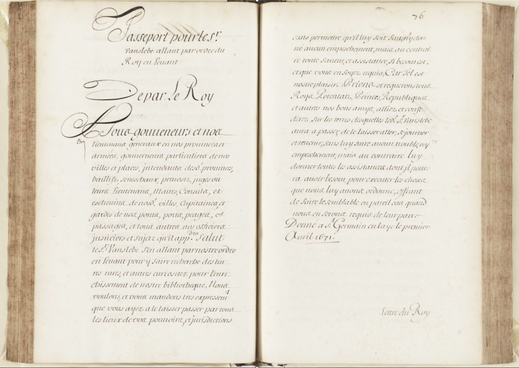 Vansleb’s passport granted by Louis XIV, King of France; Archives nationales, Marine B/6/3, f. 75v - 76r