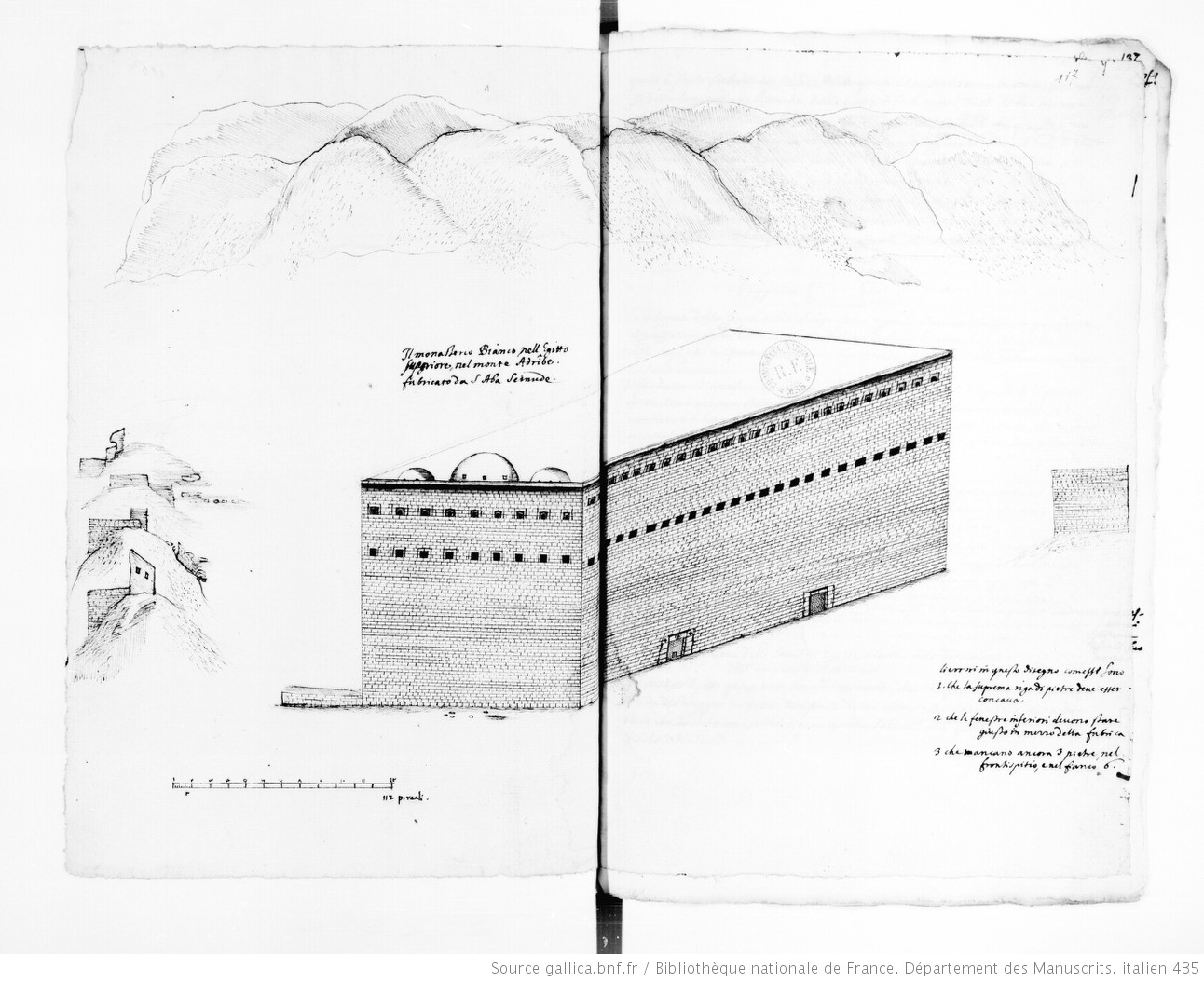 Drawing of the White Monastery church in Vansleb’s original manuscript, the earliest visual record of this church, BnF, MS italien 435, 116v–117r