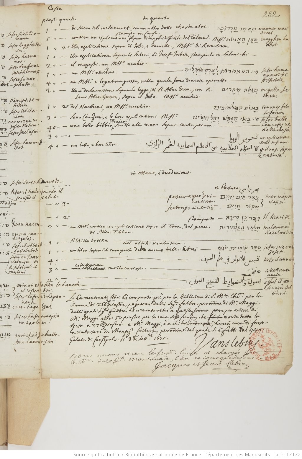 Example of a list of acquired titles by Vansleb; BnF, MS Latin 17172