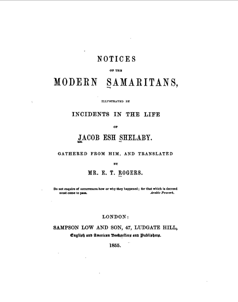 Title page of Notices of the Modern Samaritans, translated by Rogers from Yaʿqūb al-Shalabī